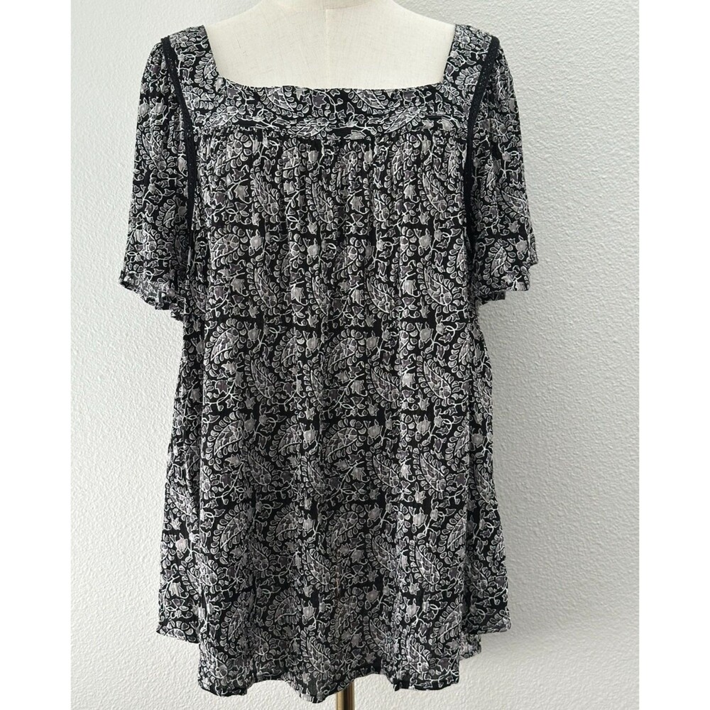 Caffe Marrakesh Top Women’s 2X Black Gray Square Neck Tunic Boho Cottagecore‎